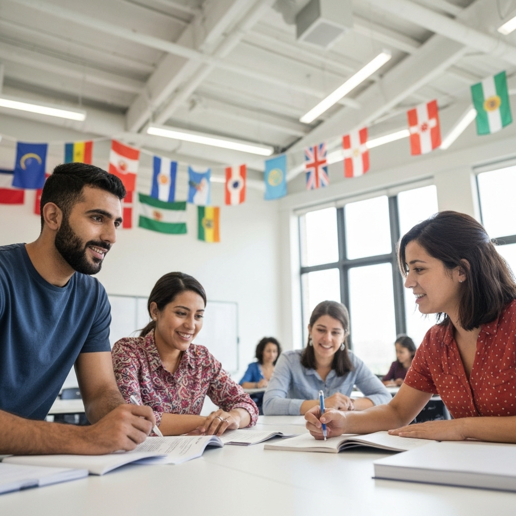 Students learning English together