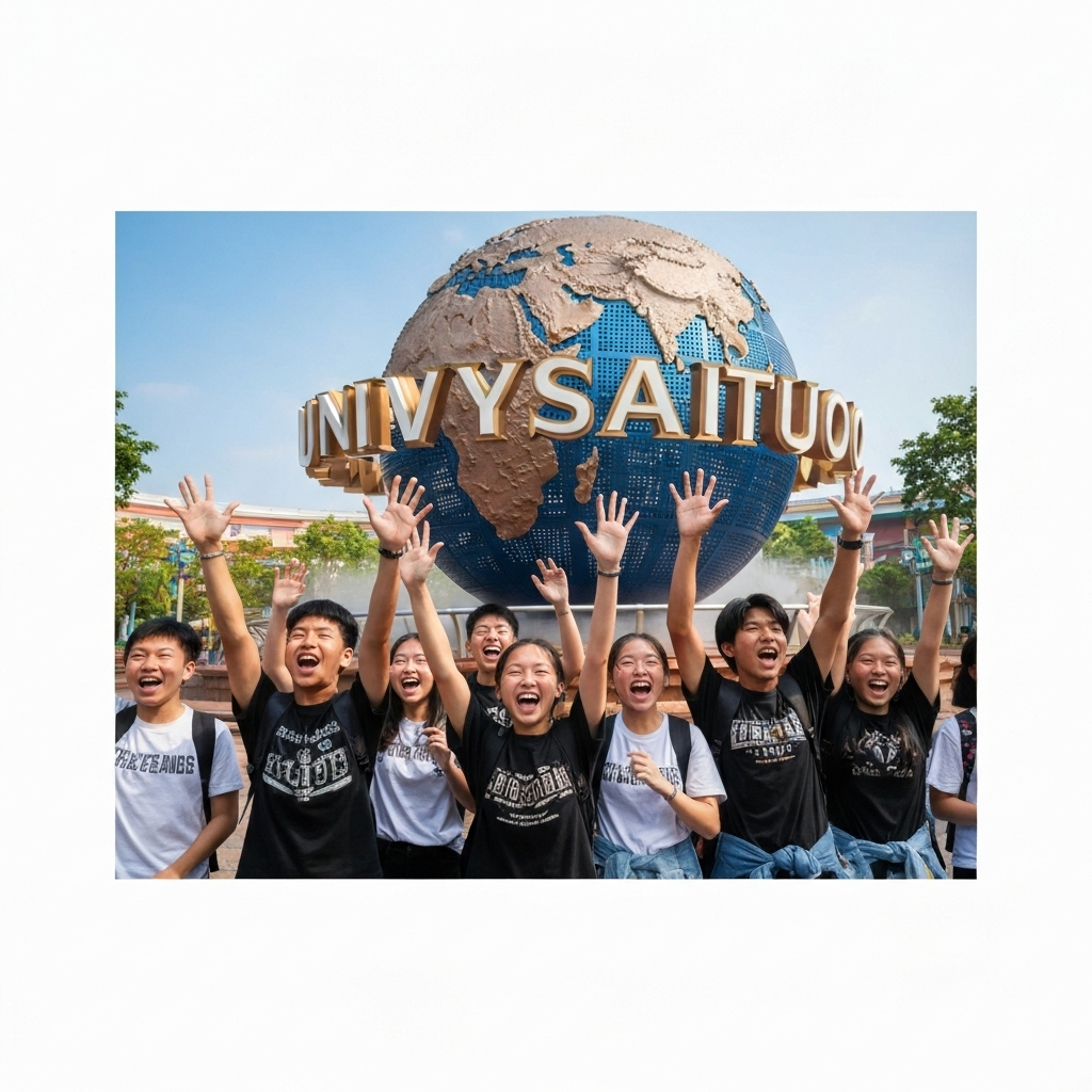 Universal Studios Singapore globe with students